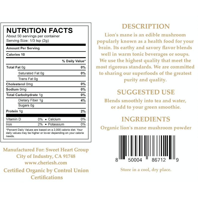 Cherie Sweet Heart Organic Mushroom Powder, Lion's Mane, 50 Servings,