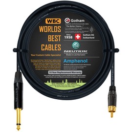 WORLDS BEST CABLES 10 Foot – TS to RCA Cable – Gotham GAC-4/1 (Black) Star-Quad Audio Interconnect Cable & Neutrik NP2X-B & Amphenol ACPL-CBK Gold Plugs - Custom Made