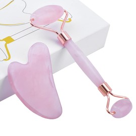 Rodillo de jade y gua sha de herramientas para masaje facial de cuarzo rosa natural, kit de cuidado de la piel para cara, ojos, cuello y cuerpo       