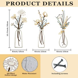 3 Pieces Metal Flowers Wall Arts, Rustic Farmhouse Decor Beige Minimalist Flower Wall Decors for Living Room Bathroom Bedroom Dining Room, Housewarming Gifts (Beige Gold)