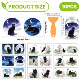 arricraft Pack of 10 UV Transfer Paper for Cups with Cat Motif, 10 Styles, Watercolour Fantasy Black Cat, PVC DIY Heat Transfer Stickers for 16 oz Glass Cups, Crafts, 9.5 x 4.3 Inches