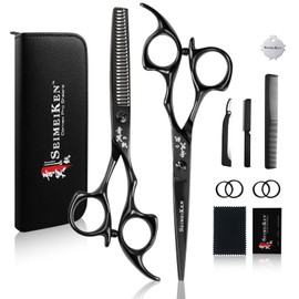 SEIMEIKEN 6" Black Hair Scissors Professional Hair Cutting Scissors and Thinning Shears - Japanese SUS440C Stainless Steel Hair Cutting Shears, Barber Shears - Hair Cutting Kit for Salon & Home Use