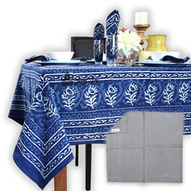 Sweet Us Chiara Floral Cotton Block Print Tablecloth and One Gray Napkin, Floral Kitchen Dining Table Cloth, Table Cover for Indoor and Outdoors, Sapphire Blue, 60 x 60 in