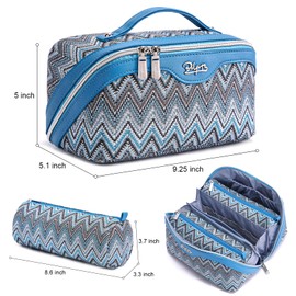 Travel Cosmetic Bag Makeup Bags for Women: Western Boho Makeup Bag Set of 3 - Large Vegan Leather Cosmetic Organizer Bags with Compartments & Handle & Divider(Blue)