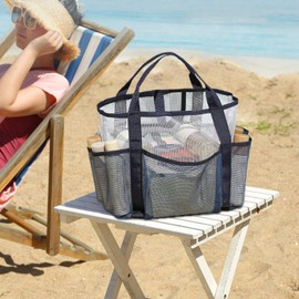Beach Tote Bag for Women, Mesh Travel Tote Family with Multiple Pockets, Outdoor Beach Vacation Organizer Bag for Towels Scarves Toys Swimsuits Sunglasses Hats Slippers Clothes