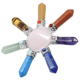 mookaitedecor Healing Crystals Rose Quartz Obelisks & 7 Chakra Pyramid Point Energy Generator