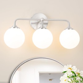 Elagant Modern Brushed Nickel Bathroom Vanity Lights, 3-Lights Bathroom Light Fixtures with Milky White Globe Glass Shade, Bathroom Wall Sconces Light over Mirror Dressing Table Bedroom Living Room