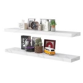 BAMEOS Floating Shelves, Walnut Wall Mounted Wooden Shelves with Invisible Brackets Set of 2, Hanging Wall Shelves Decoration for Bedroom, Bathroom, Living Room and Kitchen