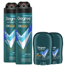 Degree Men’s Deodorant Antiperspirant Bundle – 72H Advanced Protection Dry Sprays + 72H Mini Deodorant Sticks, Cool Rush Scent (4 Piece Set)