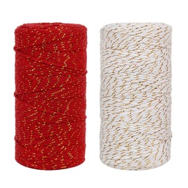 Tenn Well Bakers Twine, 2 Roll x 328 Feet 2mm Gold Wire Combined Christmas Twine String Ribbon for Gift Wrapping, Baking, Crafting, Holiday Decorations