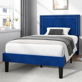 VECELO Twin Size Platform Bed Frame with Adjustable Upholstered Headboard, Strong Wood Slat Support, No Box Spring Needed, Easy Assembly