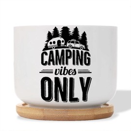 DecStic Camping Vibes Only Ceramic Planters Lettering Quotes Flower Pots for Indoor Plants with Drainage Holes and Saucers Pot for Outdoor Garden Home Plant