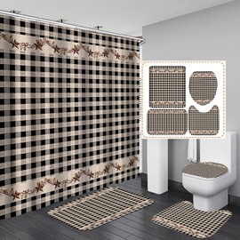 OLEBETY 4PCS/Set Vintage Brown Western Texas Star Shower Curtain, Black White Buffalo Plaid Rustic Berry Garland Pine Cone Primitive Country Farmhouse Bathroom Decor, Non-slip Bath Rugs, Check Pattern