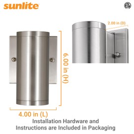 Sunlite 6-Inch LED Outdoor Tubular Wall Sconce Light Fixture, 12W, 1000 Lmns, Color Selectable 30K/40K/50K, Dimmable, ETL Listed, Up or Down Wall Mount, Brushed Nickel, Residential, Commercial Use