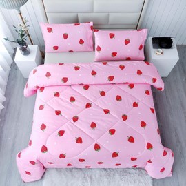 SDY 3PCS Full Size Strawberry Comforter Set, Girls Full Size Comforter Sets, Strawberry Bedroom Decor Cute Comforter Set, Kawaii Bedding Set Pink Comforter for Kids, Children, Teen…