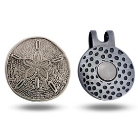 Full Metal Markers Sand Dollar Unique Magnetic Metal Golf Ball Marker Accessory with Hat Clip for Men and Women (1 Ball Marker + 1 Hat Clip)
