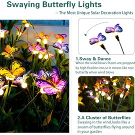 Solar Butterfly Lights Outdoor Waterproof, Garden Decor Solar Powered with 8 LED, Memorial Gifts for Graves, Solar Butterflies for Outside Garden Stake Decorations (Color, 2 Packs)