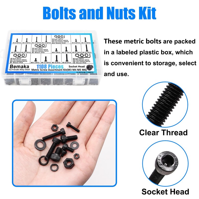 Bemaka 1108PCS Metric Screw Assortment Kit, M3 M4 M5 M6