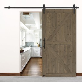 S&Z TOPHAND® 42in x 84in Elephant Gray British Brace Knotty Barn Door with 8FT Sliding Door Hardware Kit/Double -Sided Door Handle/Solid Wood/Double Surfaces/Simple Assembly is Required