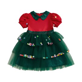 Toddler Baby Girl Christmas Princess Dress Short Sleeve Sequin Peter Pan Collar Pom Poms Xmas Tree Layered Tulle Tutu Dresses (Red, 3-4 Years)