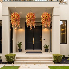 Artificial Fake Hanging Flowers Plants with Basket Fall Outdoor Decoration,Faux Silk Colorful Daisy in Planter Boxwood No Fade Plastic Shrubs Decor Farmhouse Home Garden Thanksgiving(Yellow Orange)