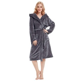 women Fleece Bathrobe with Hooded Plush Spa Warm Long Robes (Dark Grey L/XL)