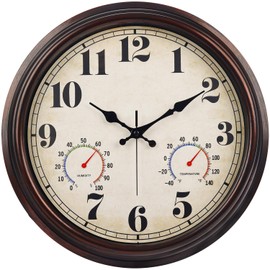 JENLYSTIME 16 Inch Dark Brown Vintage Wall Clock with Thermometer & Hygrometer - Waterproof Decorative Indoor/Outdoor Clock with Large Numerals & Silent Sweep Movement - Ideal for Porch, Garden, Pool