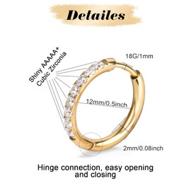 1 Pair Gold Small Hoop Earrings Cubic Zirconia Huggie Hoop Earrings,Hypoallergenic 14K White Gold Plated Cartilage Piercing Earrings Ear Cuff Tiny (8mm, Gold)