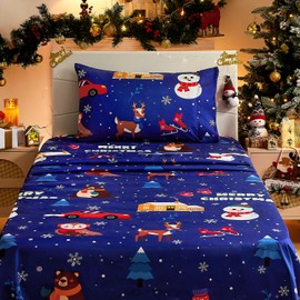 BYSURE Twin Sheets Set Kids(Christmas Snowman, Navy Blue), 3 Pieces Easy Fit Deep Pocket Sheets Set, Breathable Wrinkle-Free Microfiber Bedding for Children