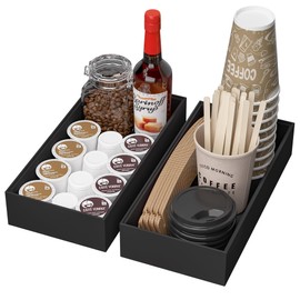 Greatseas Kitchen Drawer Organizer Bins, Stackable Bamboo Drawer Organizer for Silverware, Coffee Pod Organizer K Cup Holder for Countertop, 2 Pcs Coffee Station Organizer Black 12" x 6" x 2.5"