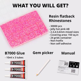 30000Pcs Resin Jelly Rhinestones Set for Crafting Bedazzling, Hot Pink AB Flatback Gems Jewels for Crafts Clothes Shoes Fabric Outfit Nails Makeup, Flat Back Crystal 2-6mm with b 7000 Glue