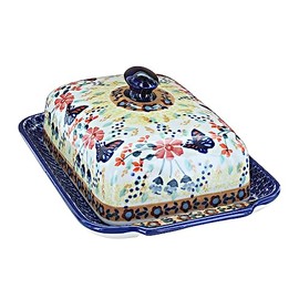 Blue Rose Polish Pottery Red Daisy Large Butter Dish