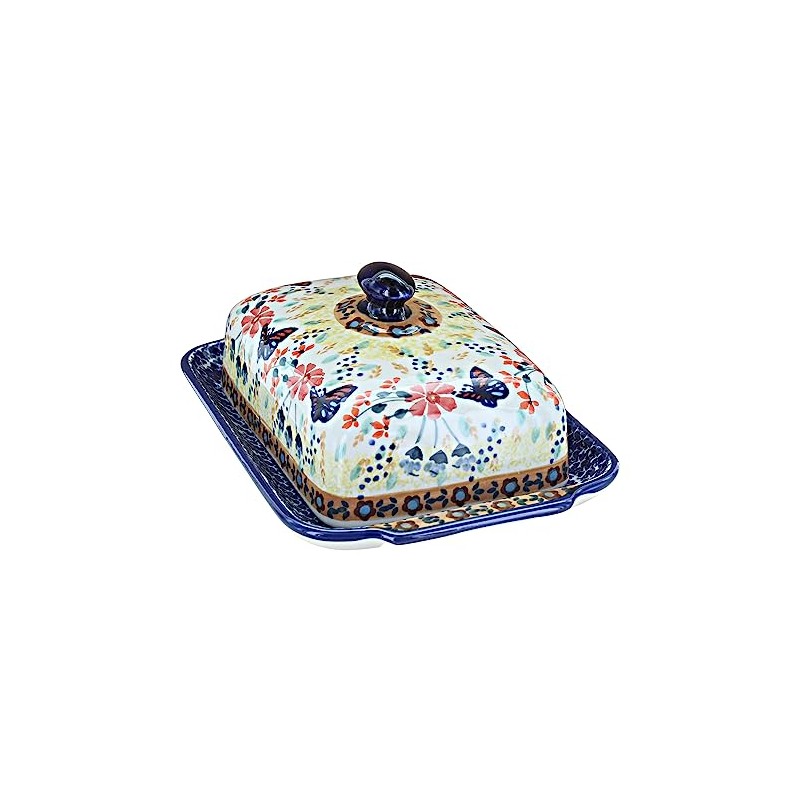 Blue Rose Polish Pottery Red Daisy Large Butter Dish