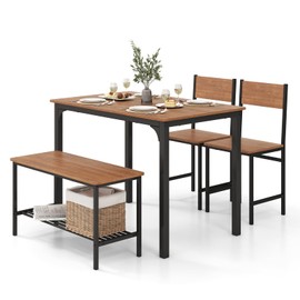COSTWAY Dining Table Set for 4, Rectangular Kitchen Table Set with Bench and 2 Chairs, Storage Rack & Metal Frame, 4-Piece Dining Room Table and Chairs Set for Small Space, Apartment (Coffee)
