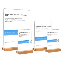 ECKEK Acrylic Sign Holder A4/A5/A6 Menu Displays Double Sided, Wood Base Table Top Sign Stand (Vertical A6 105×148mm/4.13×5.83 inches)