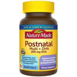 Nature Made Nature Made Postnatal Multivitamin + DHA 200 mg, Postnatal Vitamins for Breastfeeding Moms & Babies, Vitamins & Nutrients Include Iron, Vitamin D3, Calcium, Iodine and More, 60 Softgels