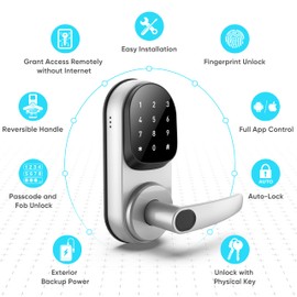 Sifely Keyless Entry Smart Lock - Fingerprint & Keypad Access, Front Door Handle, Silver