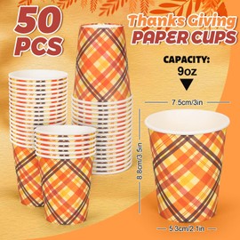 Whaline 50Pcs Fall Plaid Paper Cups Thanksgiving Checkered Disposable Cups Autumn Decorative Party Cups for Cold Hot Beverage Drinkware Table Decor Party Supplies, 9 Oz