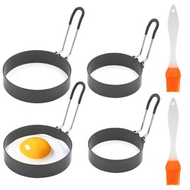 YIZWINS Pack of 4 Stainless Steel Non-Stick Egg Rings, Pancake Mould, Kitchen Tool with Brush, Fried Egg Moulds for the Pan, Fried Egg Ring, Fried Egg Mould Round for Muffins, Breakfast, Omelette,