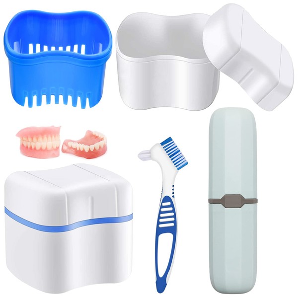 Hioph Denture Bath Box, Denture Brush Denture Cleaner Cup with Rinsing Basket Toothbrush Case, Denture Retainer Mouth Guard Care Kit, Denture Bath Container for Travel Soaking and Cleaning Blue