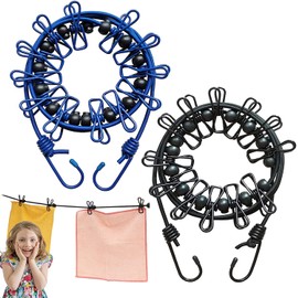 2 Pack Portable Clothes Line, Elastic Travel Clothesline, Adjustable, Retractable, Windproof, Clothesline with 12 Wire Clips for Camping, Travel, Laundry, Outdoor Drying (Black+Blue)