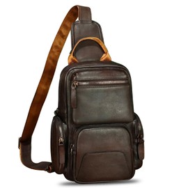 Genuine Leather Sling Bag for Men and Women Vintage Leather Sling Backpack Purse Chest Bag Over Shoulder Crossbody Bag (Coffee)