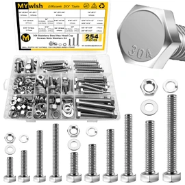 MYWISH 254 Pieces Hex Screws Assortment Kit, 1/4-20 5/16-18 3/8-16, Heavy Duty 304 Stainless Steel Bolts and Nuts Kit with Flat Spring Washers, includes 10 Common Sizes, Fully Threaded