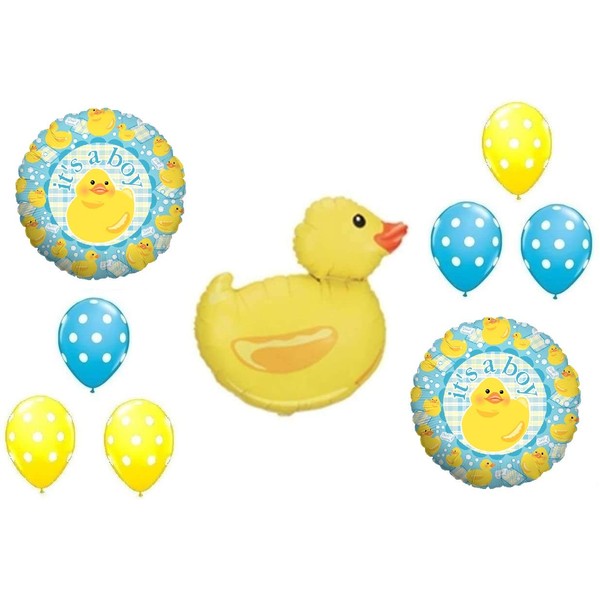 Yellow DUCK Rubber Ducky Splish Splash Splasher 9 Piece Yellow and Blue Polka Dots Baby Shower Mylar and Latex Balloons- PLUS Free Ribbon!