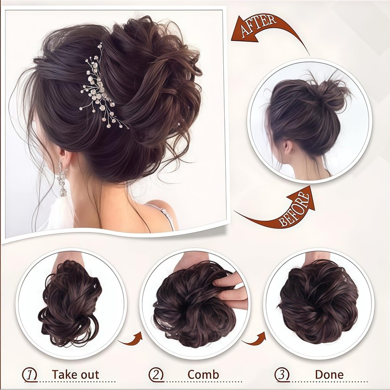 Brown Claw Clip Messy Bun Hair Piece Wavy Chignon Ponytail(6