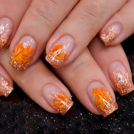 24Pcs Glitter Thanksgiving Press on Nails Orange Glitter Short Square Fake Nails with Glue Maple Leaf Glue on Nails Reusable Full Cover Acrylic Nails for Women Autumn Nail Art Supplies