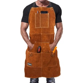 DIMWELD Welding Apron, Heavy Duty Workshop Apron for Welders and Blacksmiths, 6 Pockets, Light Brown, Cowhide Leather, One Size