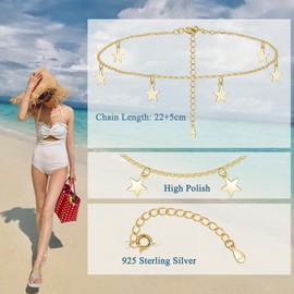 Loutade Silver Anklets for Women, 925 Sterling Silver Ankle Bracelet, Adjustable Beach Barefoot Foot Chain, Summer Holiday Gold Ankle Chain, Classic Women's Star Anklets Beach Jewellery for Girls