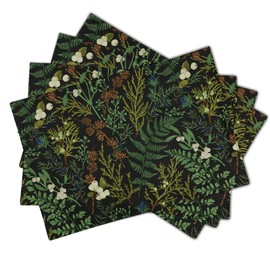 Green Leaves Placemats Set of 4 Botanical Fern Leaf Floral Place Mats Washable Kitchen Dining Spring Summer Black Linen Table Mats Stain Heat-Resistant for Home Party Indoor 12x18 in