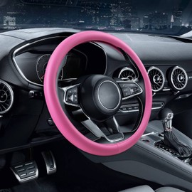 Evankin Pink Leather Steering Wheel Cover, Comfortable and Soft Solid Color Universal Steering Wheel Cover 15 inch, Car Accessories for Women